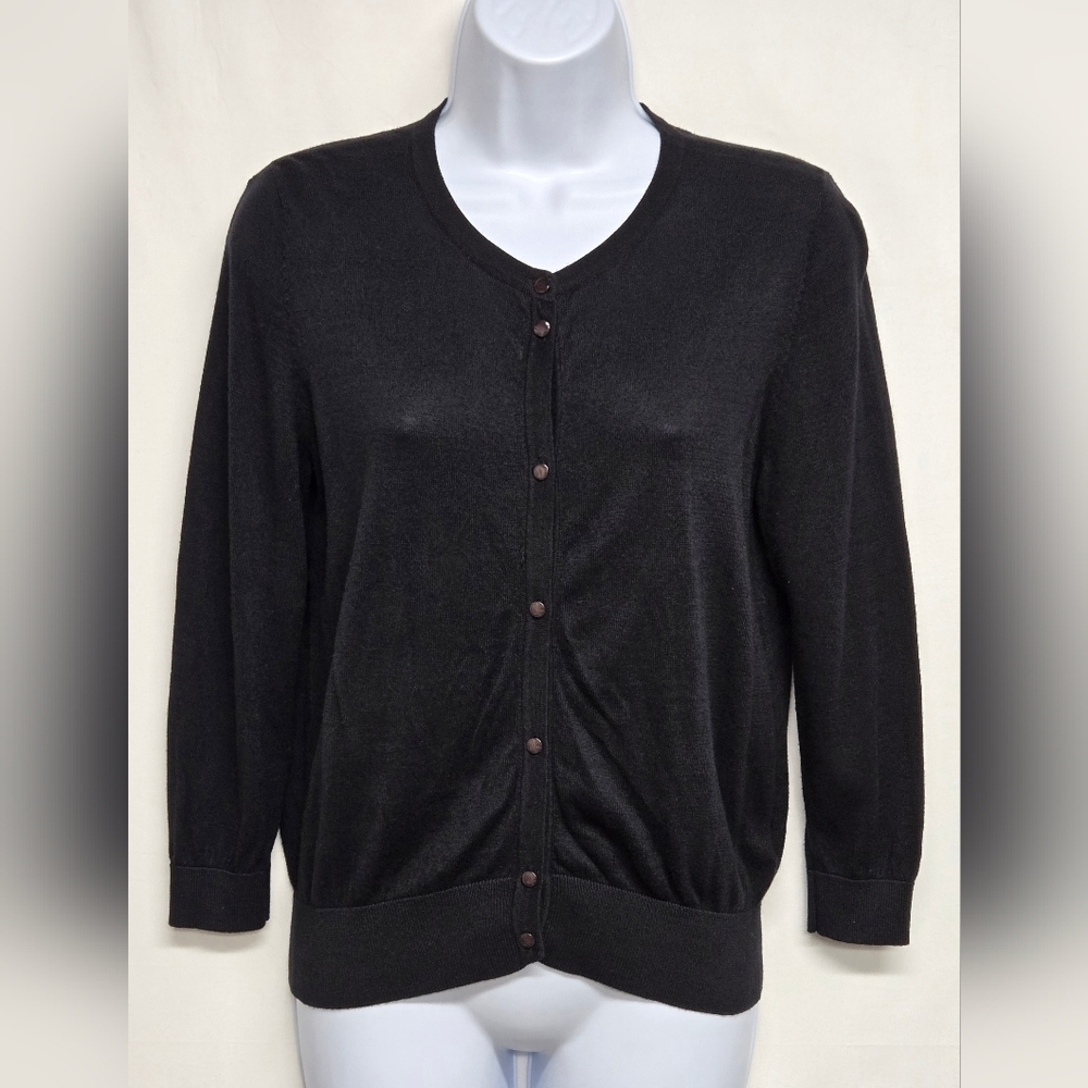 August Silk M Cotton Blend Black Sweater Button Down Long Sleeve Cardigan